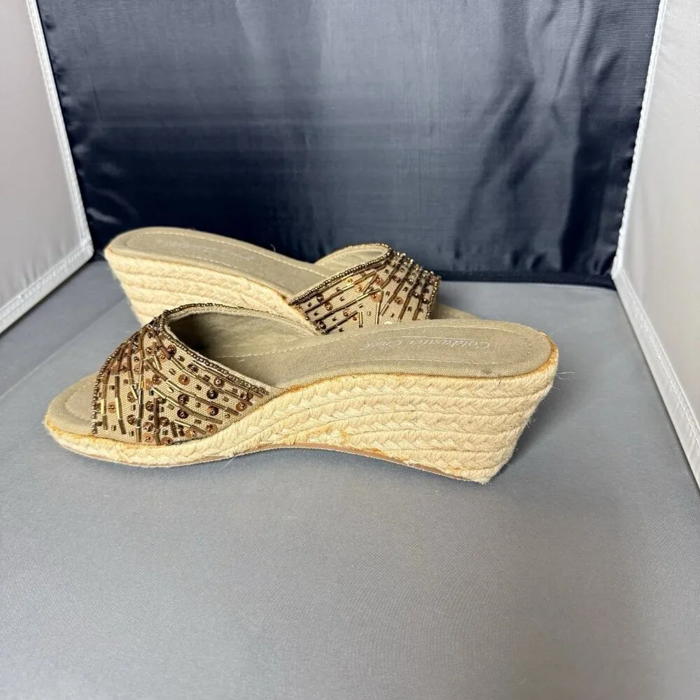 Coldwater Creek Women’s Beaded Espadrille Wedge Slide Sandals Sequin Size 8
